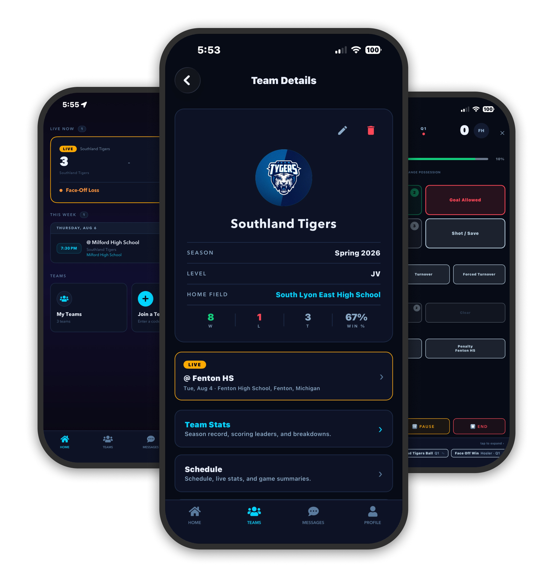 Playlytix lacrosse stats app on three phones: live game feed, team page with season record and schedule, and the live stat entry screen